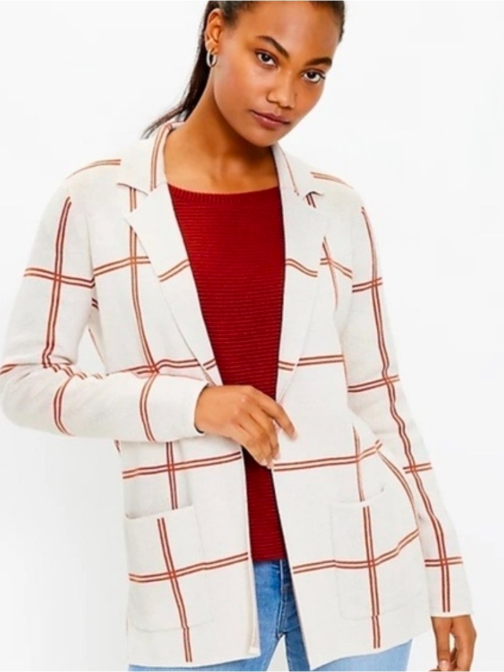 LOFT Ann Taylor Burnt Rust Plaid Pocket Sweater Blazer Open Front Cardigan MP
